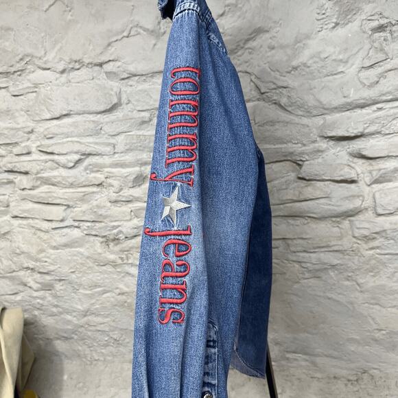 Tommy Hilfiger Blue Denim Long Sleeve Shirt Jean Distressed Faded Vintage 90s - Picture 10 of 14